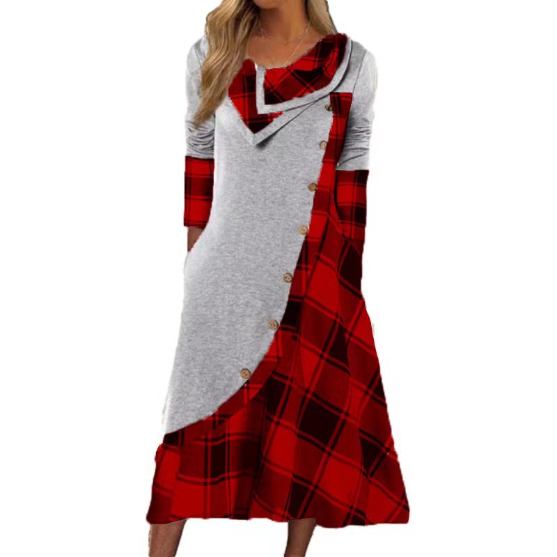 Europe and the United States cross-border Women's plaid printing stitching with pocket pile collar large size long sleeve dress factory outlet