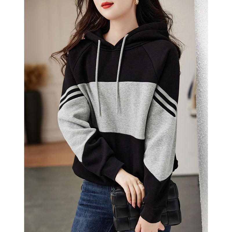 Spring and Autumn new black and gray striped stitching hooded sweater women's Korean-style ins trendy loose Western style casual pullover top