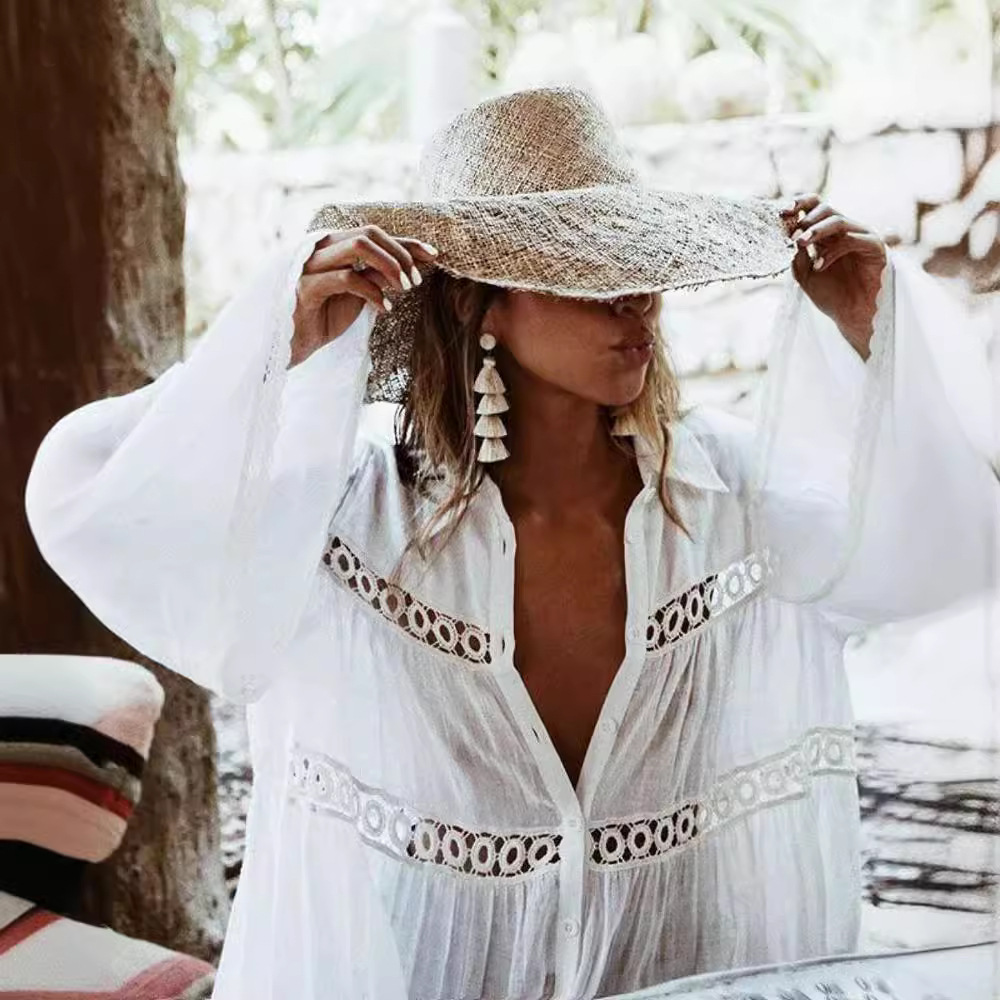 Hot Sale New European and American Hollow Shirt Horn Sleeve Beach Blouse Sunscreen Shirt Swimwear Coat Women's Blouse