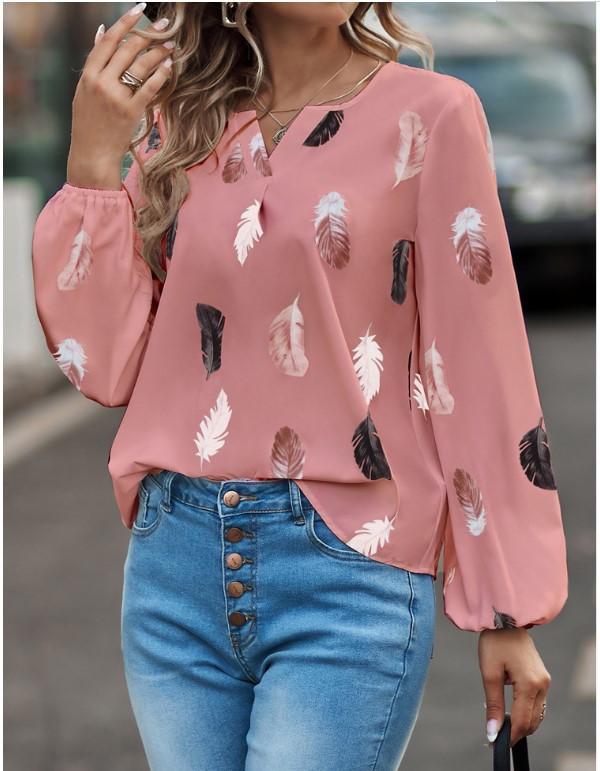 2023 Cross-border New Amazon European and American Women's V-neck Feather Printing Long Sleeve Loose T-shirt Women's Top