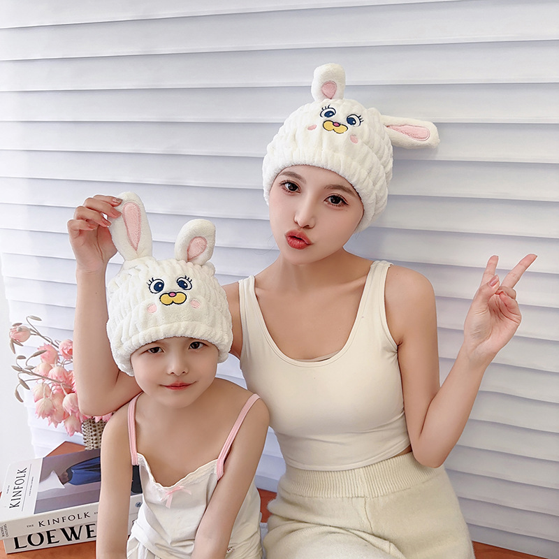 Children's hair cap wholesale coral fleece cartoon rabbit ear absorbent cap female adult shower cap factory wholesale