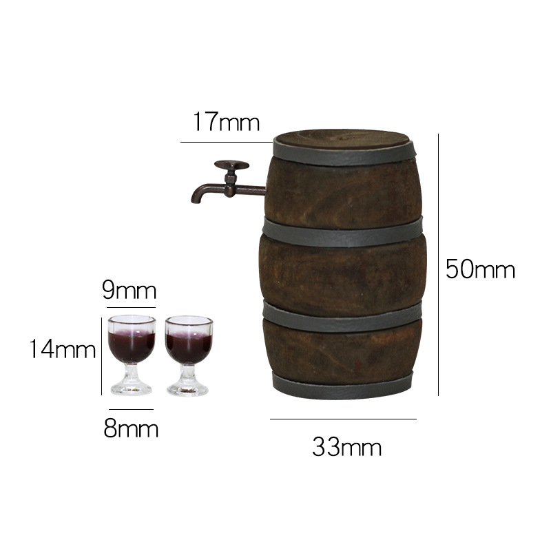 Miniature dollhouse winery scene retro Mini 1 red wine barrel +1 tap +2 glass N116
