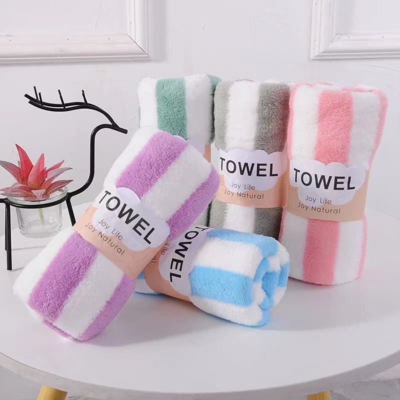 Warp Knitted Color Strip Cationic Wide Strip Lace Thickened Coral Fleece High Density Household Gift Set Adult Dry Hair Towel