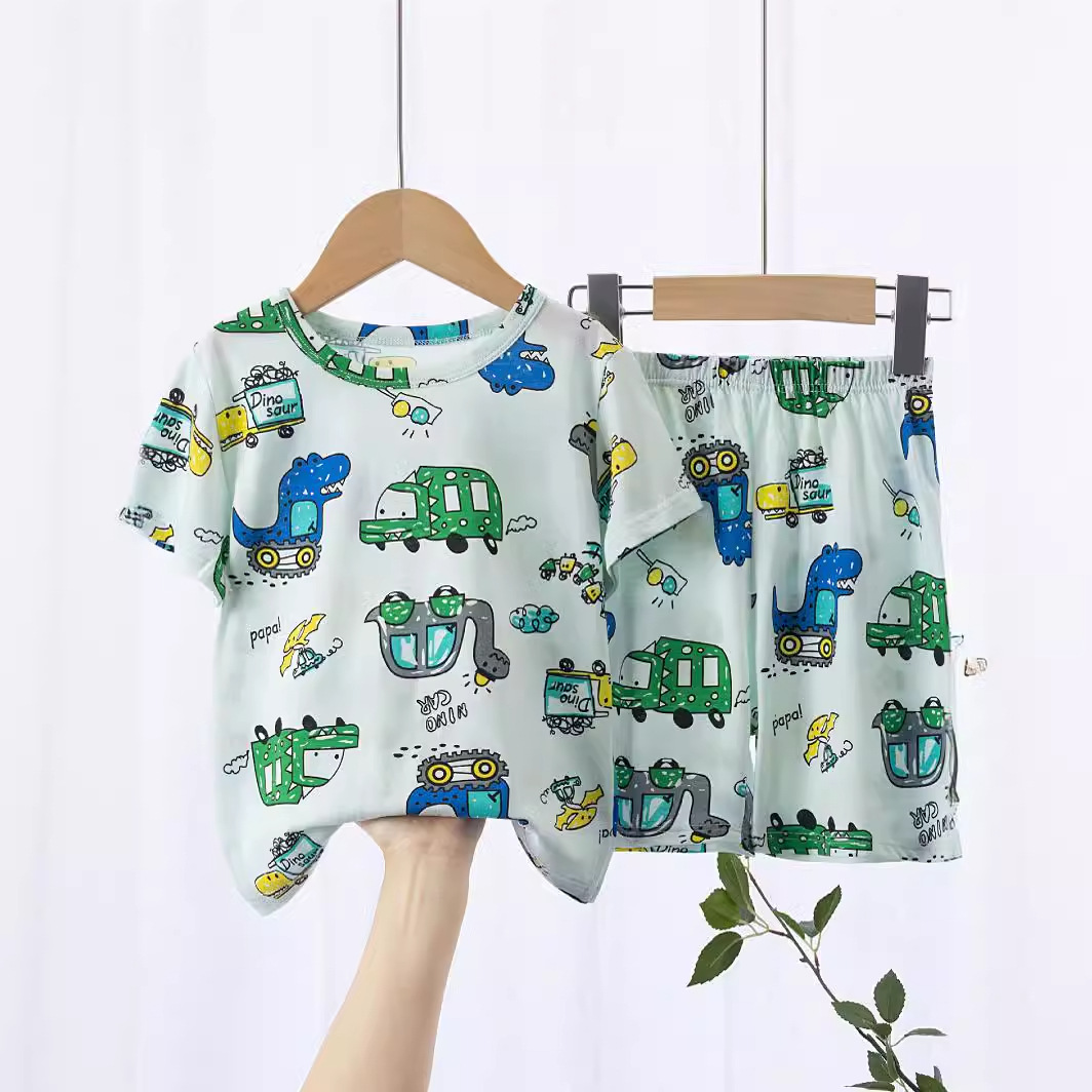 2024 New Children's Summer Short-sleeved Suit Home Clothes Pajamas Cotton Thin Air-conditioning Clothes Prince Baby Boy