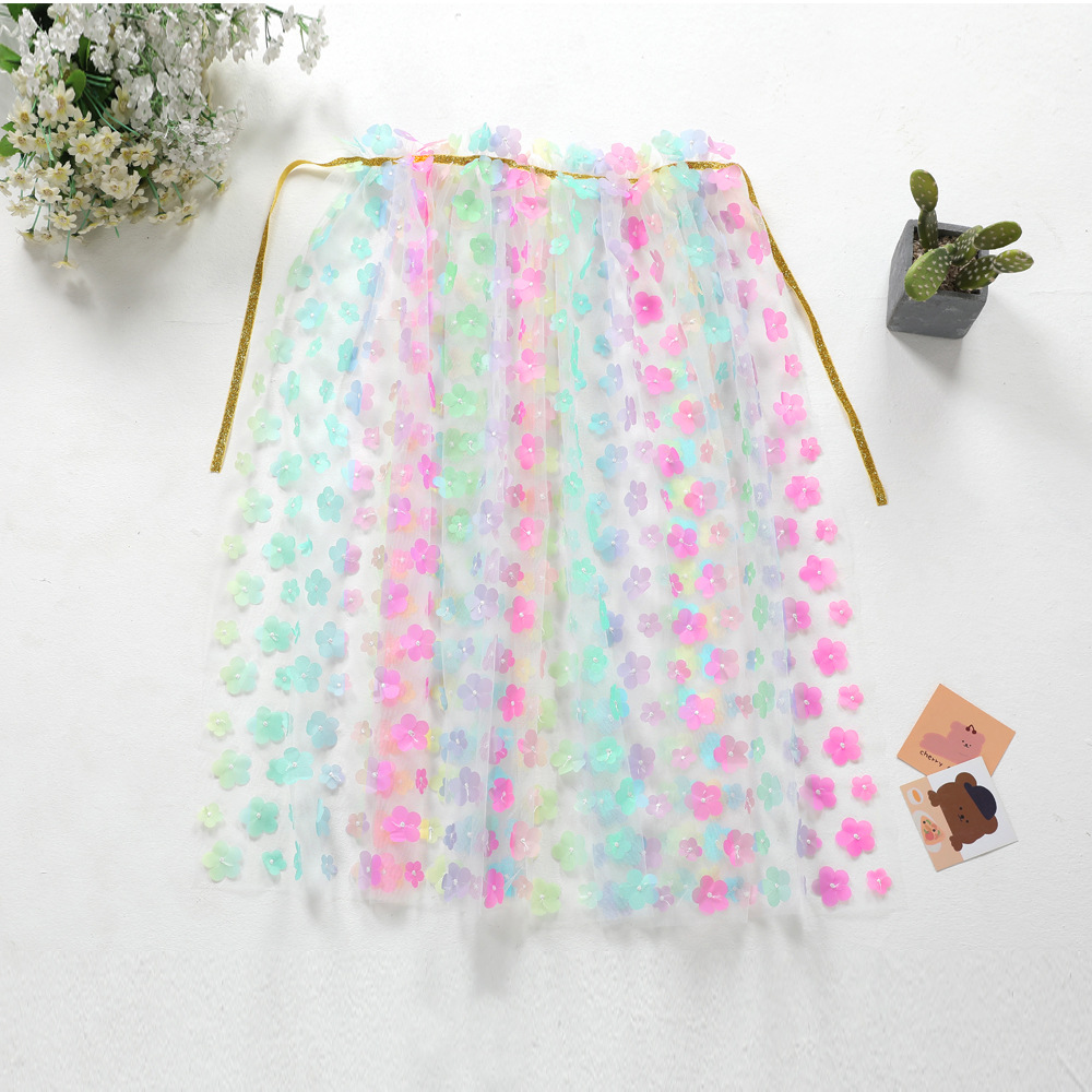New Rainbow Sunflower Children's Cloak Thin Out Lace-up Embroidered Cloak Children's Mesh Princess Shawl