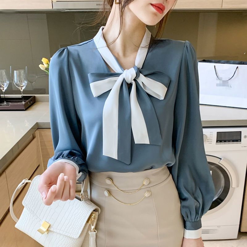 Bow professional shirt women's long sleeve 2023 early autumn new top design niche spring and autumn chiffon shirt