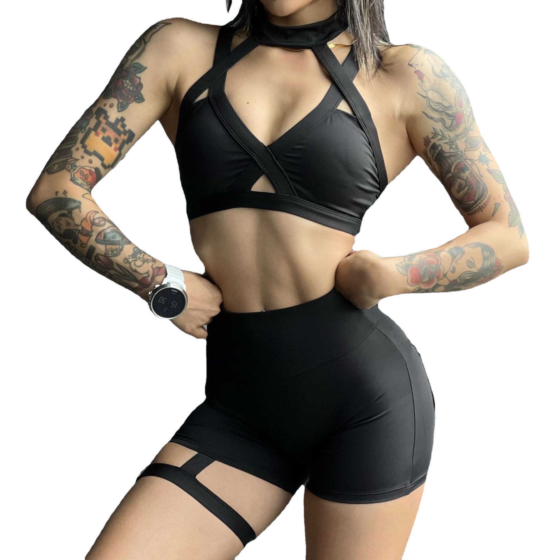 Cross-border European and American Workwear Pocket Shorts Women's Loop-tight Legs High Waist Sexy Summer Fitness Yoga Running