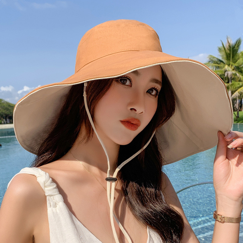 Hat Women's Summer Solid Color Large Brim Double-sided Fisherman Hat All-match Outdoor Sun Hat Foldable Travel Sunscreen Hat Trendy