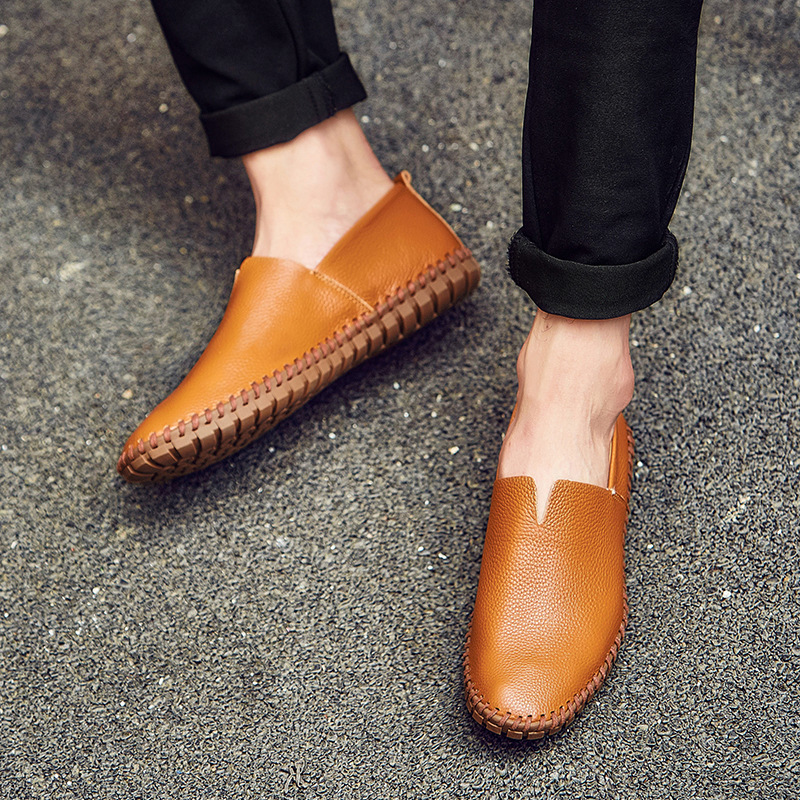 Cross-border Large Size Slip-on Men's Shoes Hand-stitched Men's Peas Shoes Spring and Summer First Layer Cowhide Hollow Men's Leather Shoes