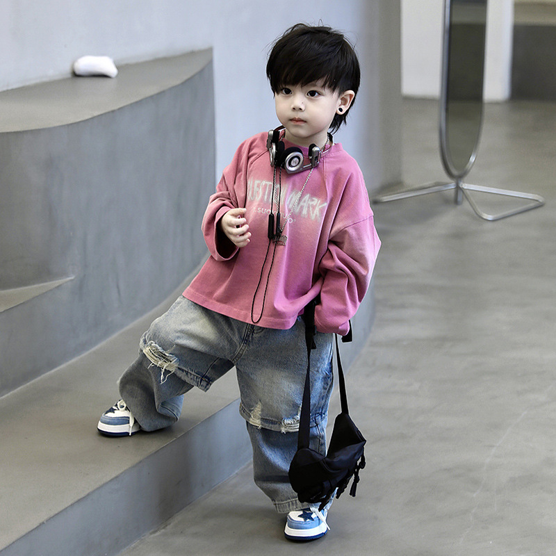 Autumn 2024 New Korean Style Children's Stitching Ripped Casual Boys Jeans Baby Loose Trousers Trendy