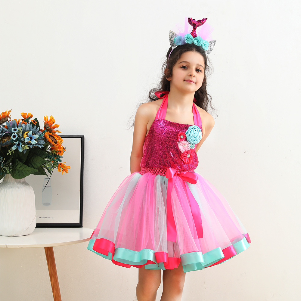 2025 new European and American children's clothing sequins girls dress mermaid flower tutu skirt lined tutu skirt