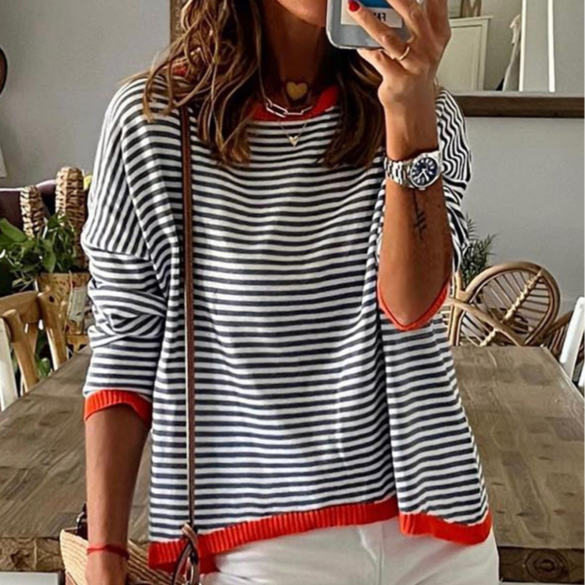 2024 New knitted sweater European and American Foreign trade striped contrast color design drop shoulder long sleeve top