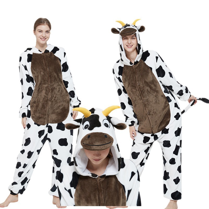 Powder cow new pajamas flannel cartoon animal conjoined pajamas couples performance funny home clothes mixed batch
