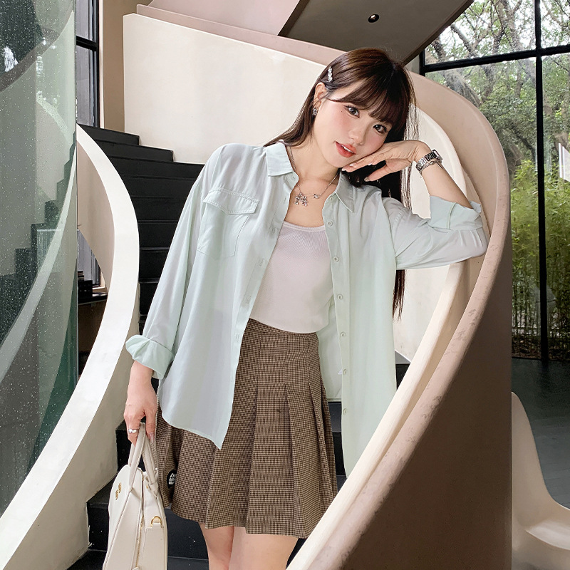 Solid Color Shoulder PoIo Collar Elegant Long Sleeve Shirt Women's Autumn plus size chubby girl Slim Casual Top 