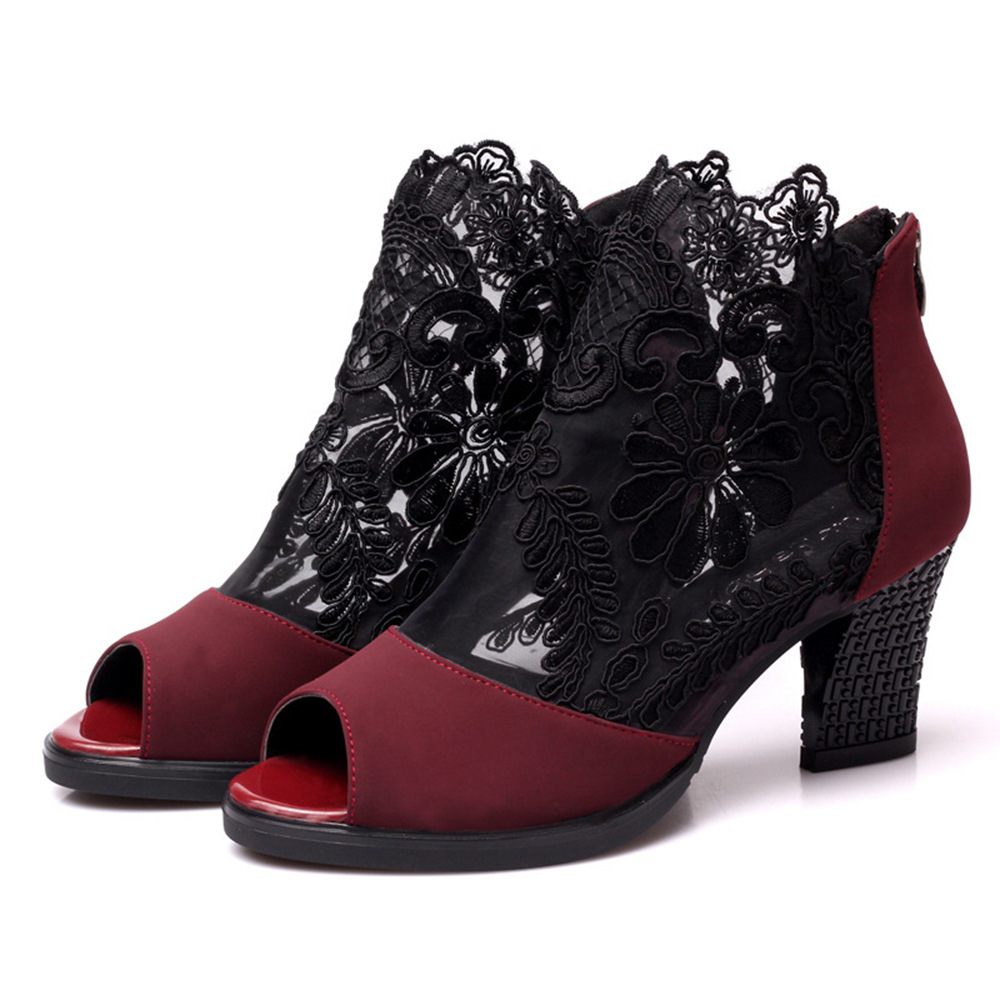2023 Summer new European and American peep toe lace mesh chunky heel foreign trade plus size women's shoes factory wholesale