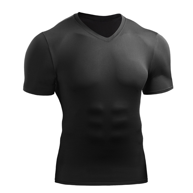 Men's Tight V-neck Sports Short-sleeved T-shirt Fitness Clothes Running High Elastic Breathable Quick-drying Base Shirt Compression Top