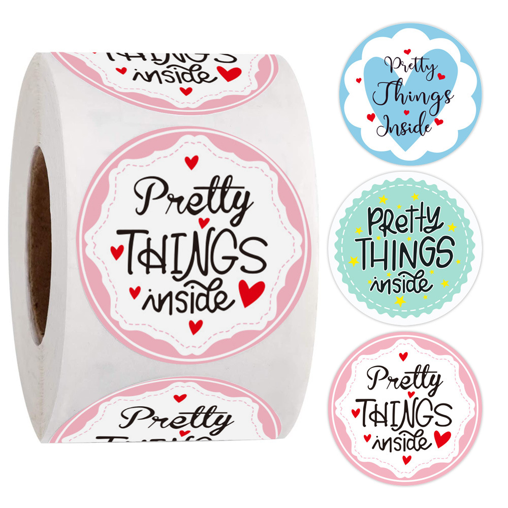 跨境批發「Pretty thing inside」粉藍綠圓形貼紙禮品包裝密封貼