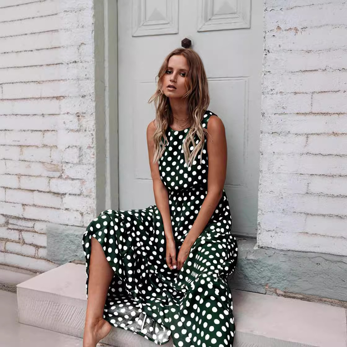 Cross-border Hot Sale 2024 Spring and Summer Fashion All-match Printed Polka Dot Round Neck Dress Women's Dress