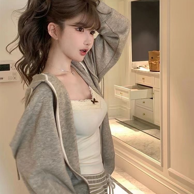 Pure Desire Lace Gray Camisole Women's Belt Chest Pad Inner Wearing Outer Wearing Short Slim-fit Design Sense Niche Women