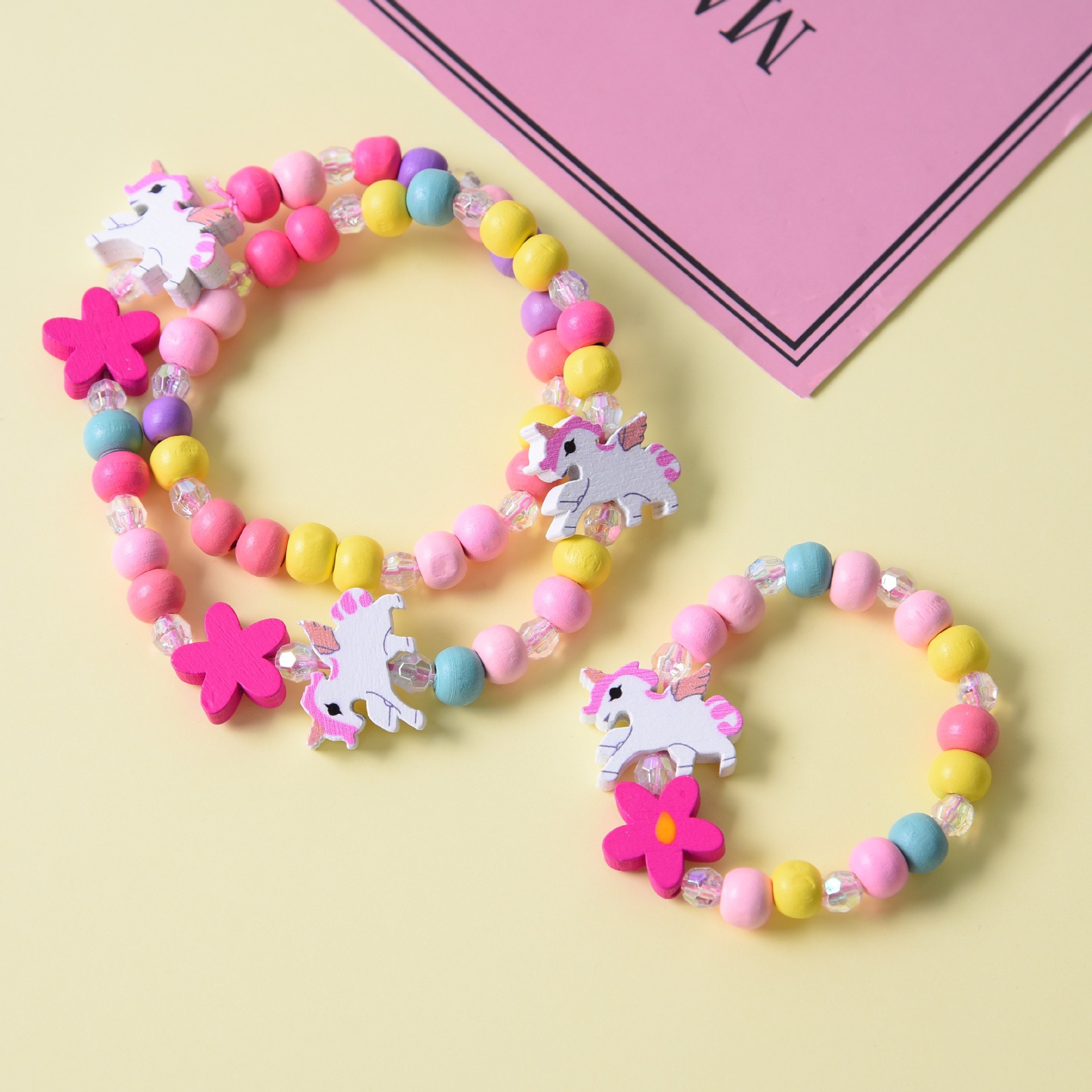 Children's Wooden Hand Beaded Bracelet Candy Color Cartoon Shape Color Bracelet Necklace Set Factory Direct Supply