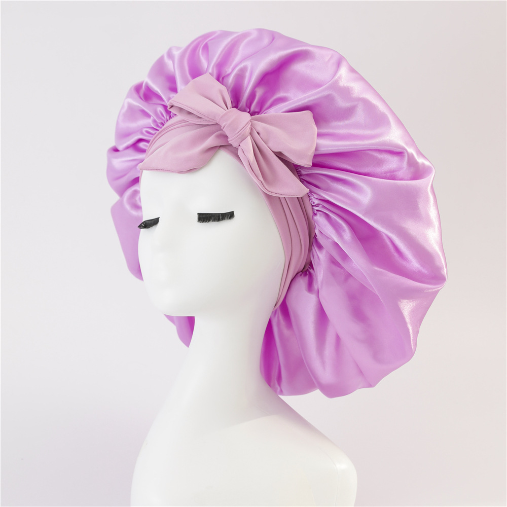 Amazon popular satin ribbon round hat bow artificial silk Beauty Hair Care wide brim hat female headscarf nightcap