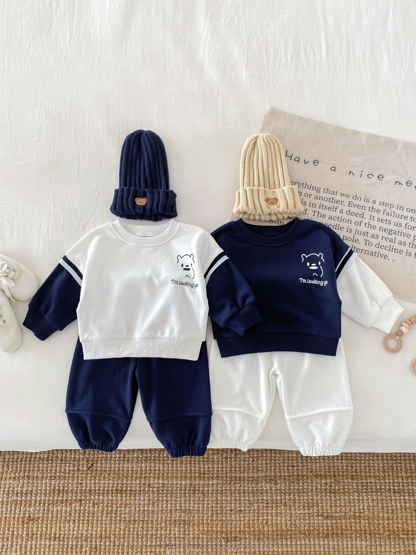 2024 new children's clothing spring and autumn infant Korean style bear expression stitching round neck sweater suit fashionable boy