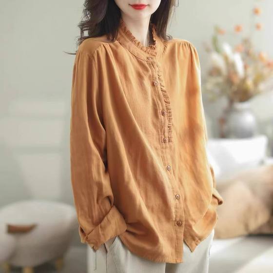 Chinese Style Artistic Retro Solid Color Shirt Women's 2024 Spring and Autumn New Cotton and Linen Ruffled Long Sleeve Cardigan Top