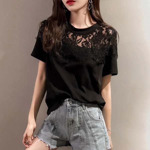 Cross-border Lace Stitching Round Neck T-shirt Summer 2022 New Design Sense Niche Western Style Short Sleeve Student Top