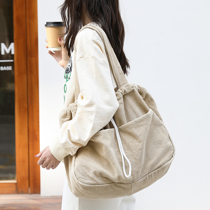 Japanese Style Vintage Corduroy Handbag ins Canvas Large Capacity Underarm Bag Internet Popular Fashionable Drawstring Shoulder Bag for Women_voghion.com