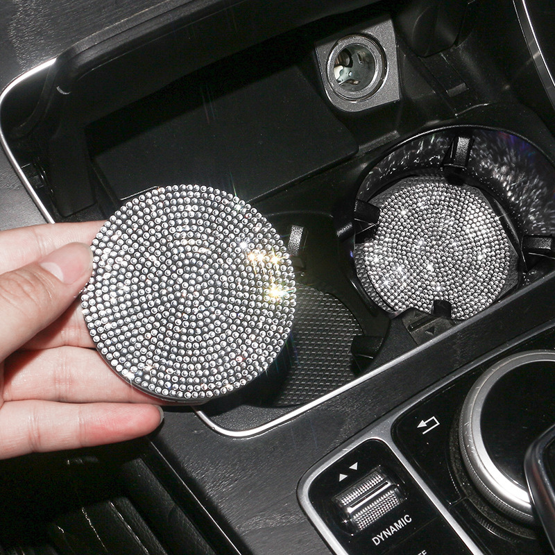 Diamond-embedded car water cup mat car storage tank mat car interior decoration round silicone non-slip mat soft glue full Diamond