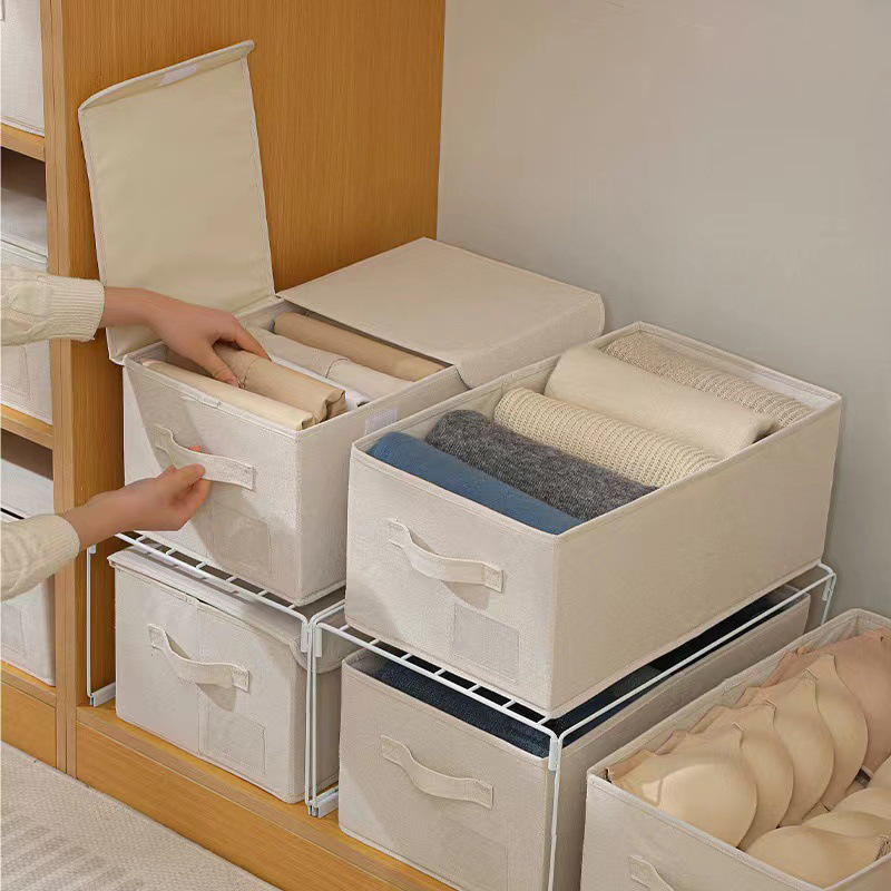 2023 new eco-friendly cotton linen odorless foldable Washable double lid storage box pants storage home