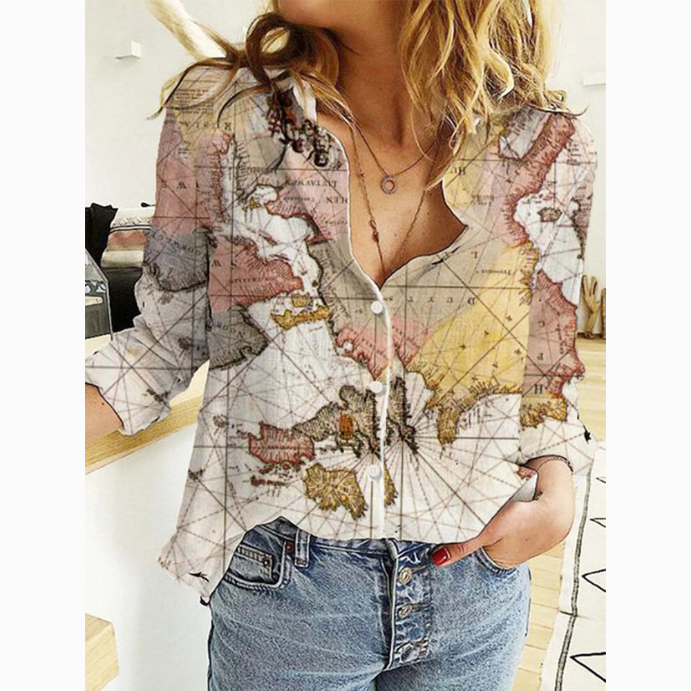 Women's 2024 Autumn New Shirt Fashion Map Depicting Printed Long Sleeve Top for Women