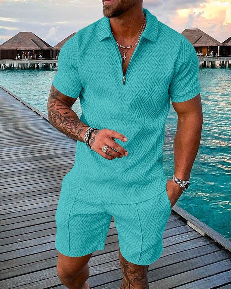 Cross-border Summer Men's 3D Printed Zipper Short-sleeved POLO Shirt Large Size Casual European and American Set Lapel Men's Shorts