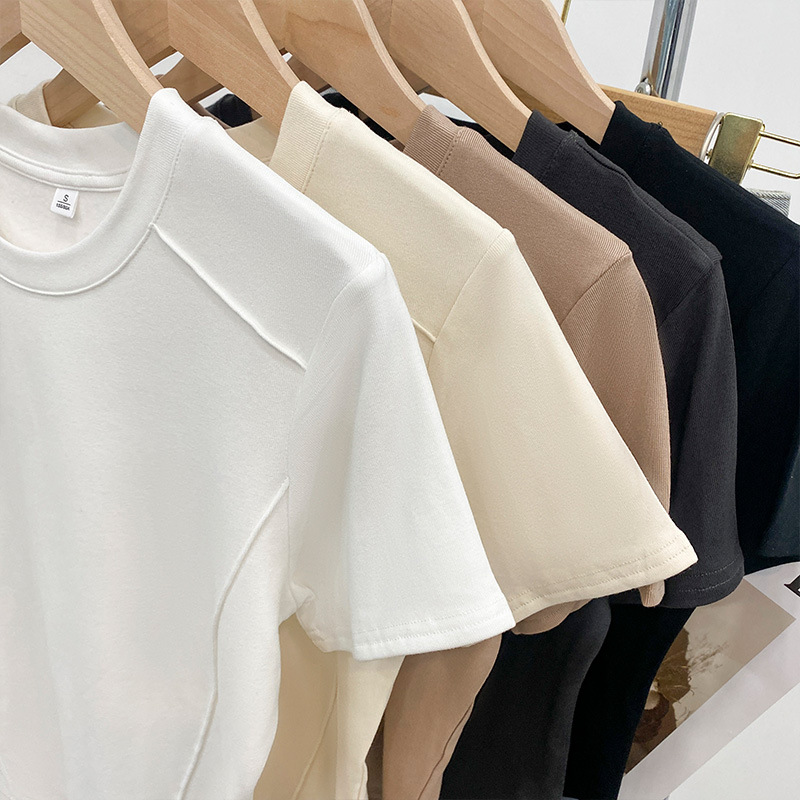 Solid Color Round Neck Short-sleeved Slim-fit T-shirt Women's 2024 Summer European-style New Style Age-reducing Fishbone Short Shoulder Shirt