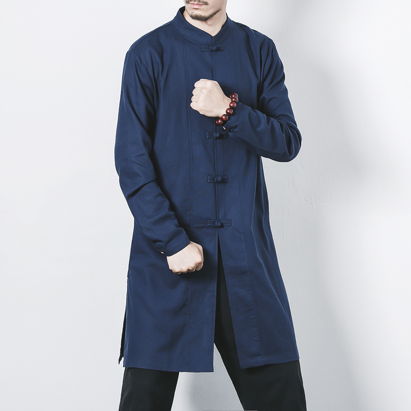 2021 Chinese-style Autumn Mid-length Button-down Shirt Solid Color Collar Linen Tang Suit Retro Zen Suit Fashionable Jushi Suit