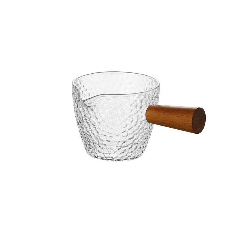 Simple Glass Striped Small Milk Cup Vertical Grain Glass Coffee Measuring Cup Hammer Solid Wood Wooden Handle Milk Pot Wooden Handle Coffee Cup