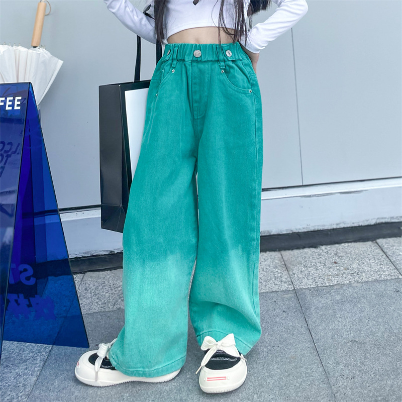 Girls' Pants Autumn Children's Jeans 2024 New Style Girl's Western Style Gradient Casual Wide Leg Pants