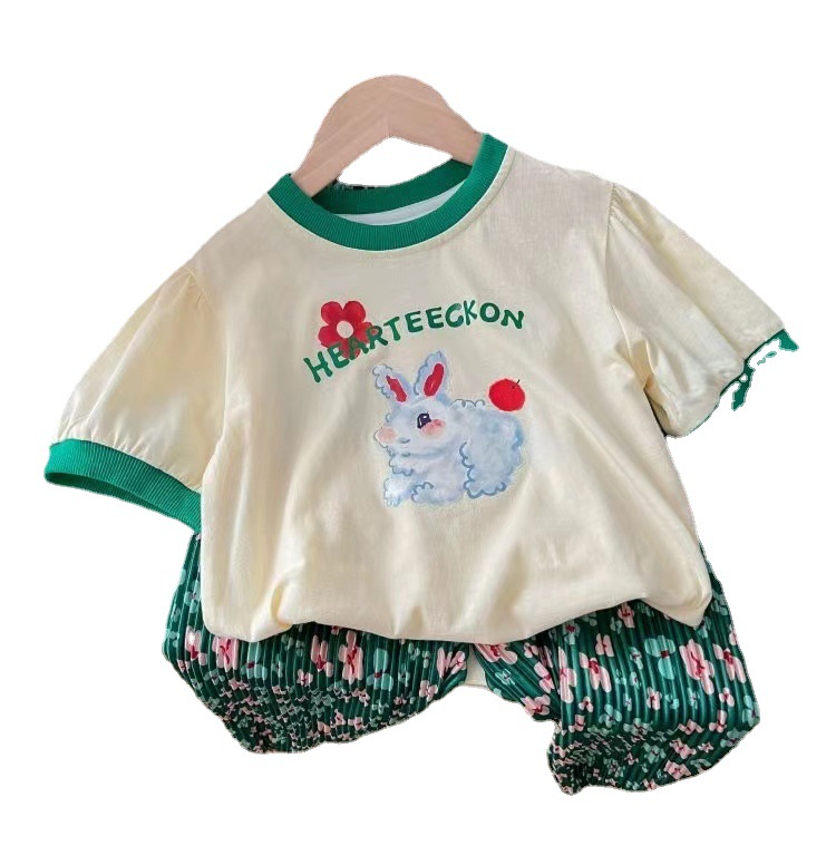 Children's Set 2023 New Style Cotton Girl's Cartoon T-shirt Cute Baby Floral Anti-mosquito Pants Korean Casual Set
