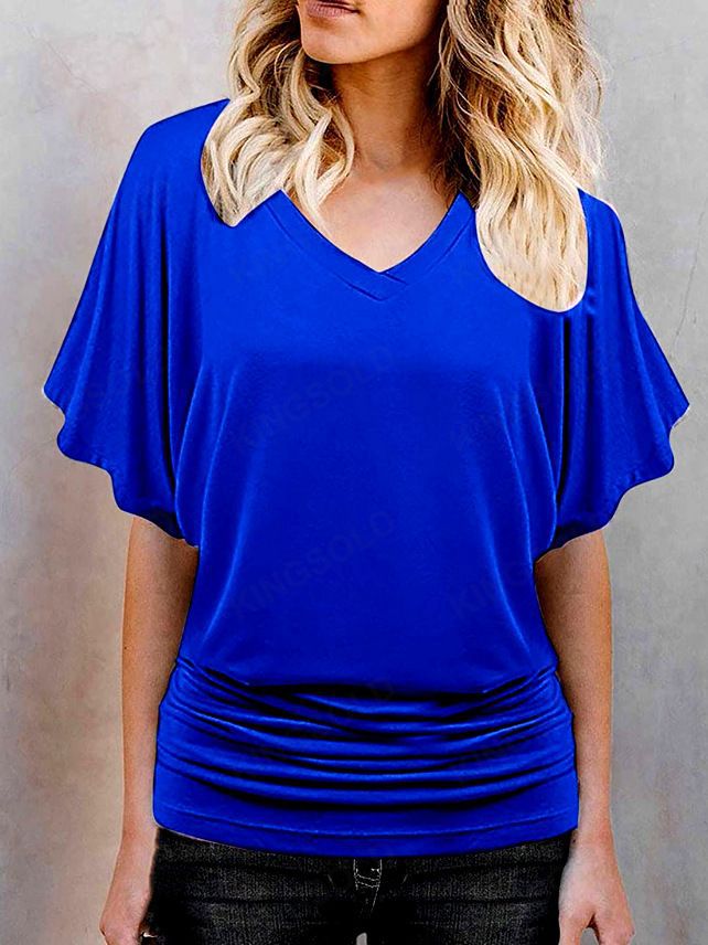 In stock Amazon hot style European sexy V-collar bat short-sleeved T-shirt solid color loose top