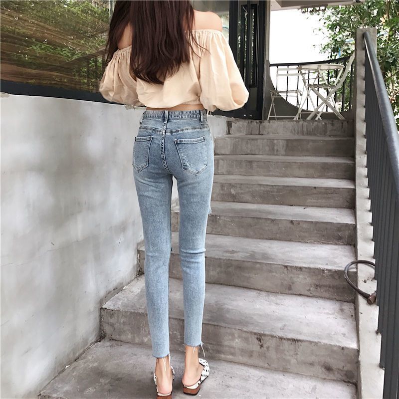 Ripped Jeans Women's New Korean-style Slim-fit Ankle-length Pants Tight Elastic Burr-edge Pencil Pants for Children