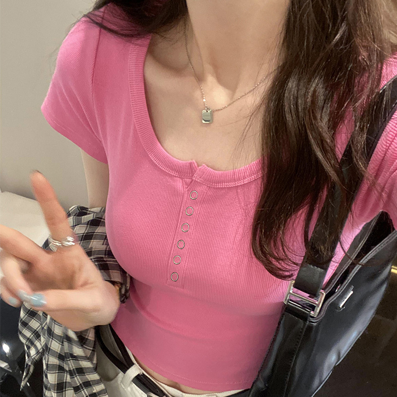 Threaded cotton button T-shirt women's short sleeve 2024 Summer new square collar versatile outer wear slim slimming top bottoming shirt
