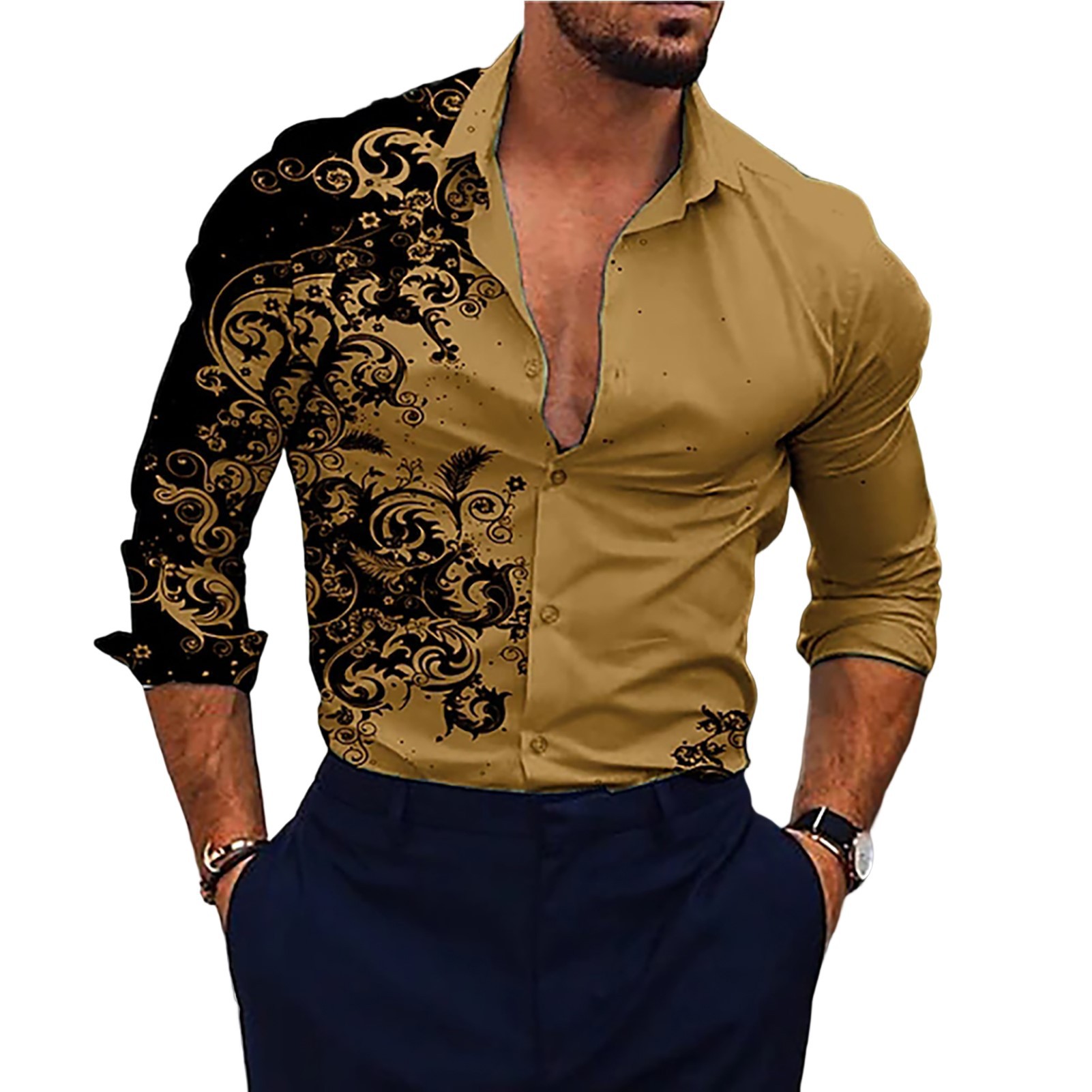 2023 cross-border foreign trade autumn new men's gradient 3D printing long sleeve shirt men's casual shirt Men's