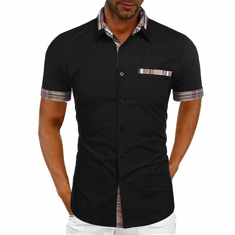 2023 men's summer solid color short-sleeved shirt collar cuff contrast color fashion button shirt one-piece delivery