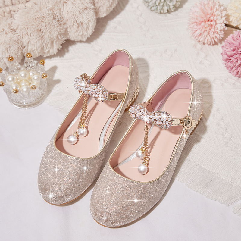 Girls Leather Shoes Large Children's Crystal Shoes Golden Silver Sequins Princess Shoes Stage Show Small Host Children's Shoes