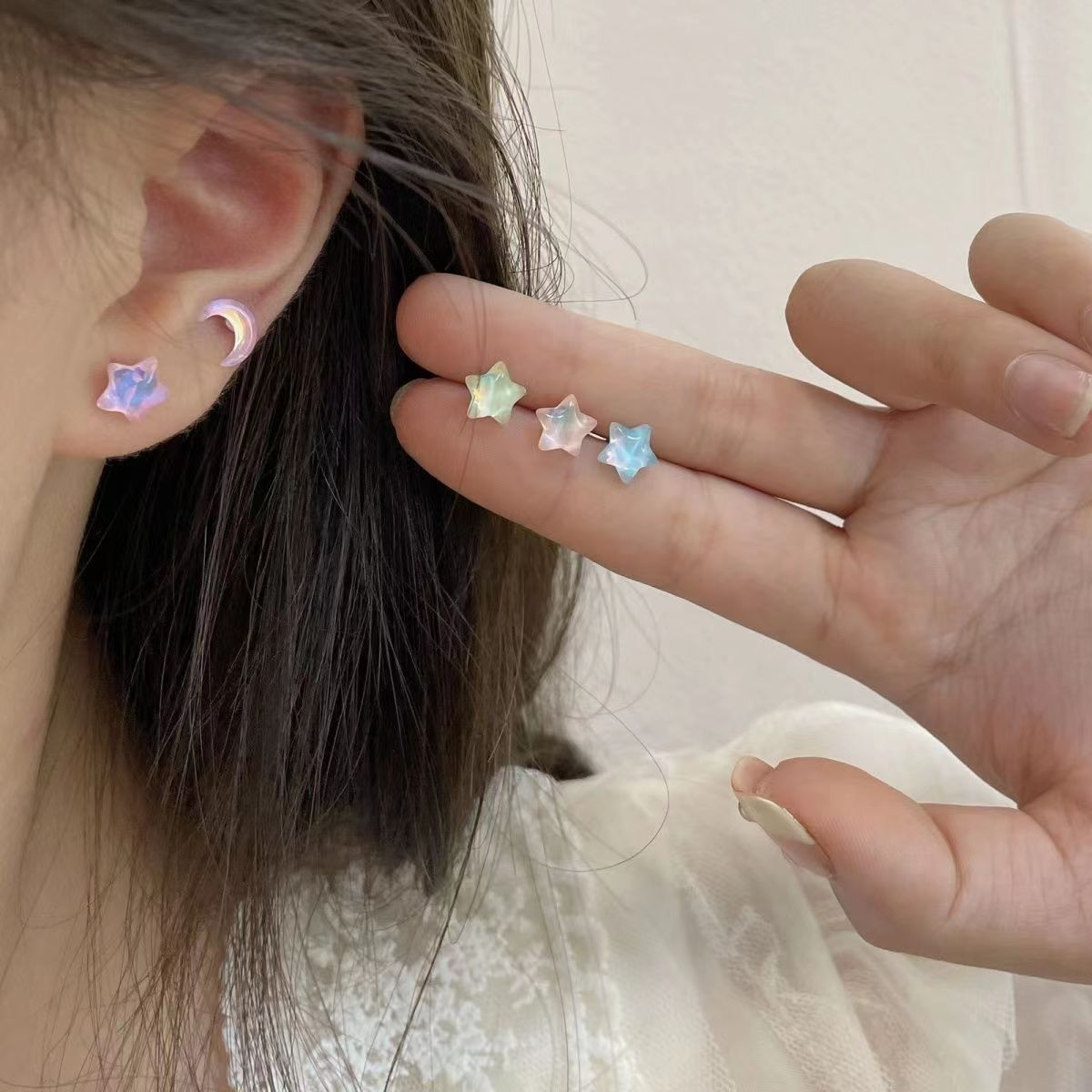 星月相伴~小清新迷你閃亮組合耳釘女甜美可愛百搭森系清透耳飾