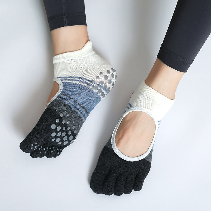Yoga socks non-slip professional women's striped color matching open toe backless Sports Fitness Pilates professional five-finger socks
