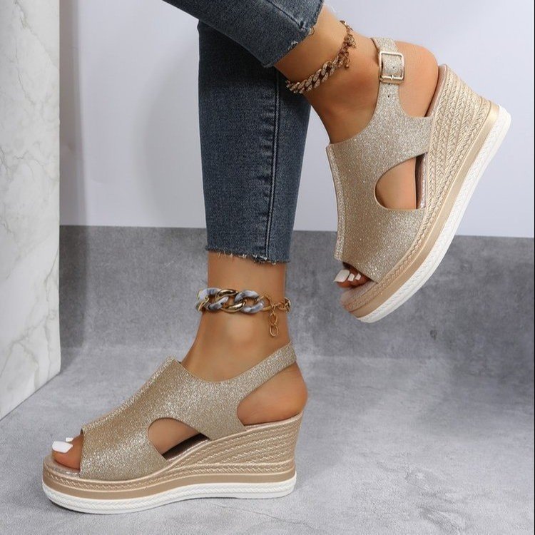 AliExpress wish Belt Buckle Wedge Sandals Women's 2023 New Mid-heel Platform Thick Bottom Hollow Peeple Sandals