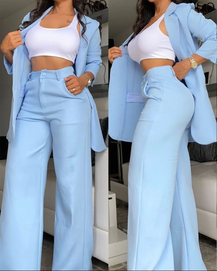 2023 European and American Foreign trade Women's elegant solid color split sleeve lapel suit pocket straight pants suit