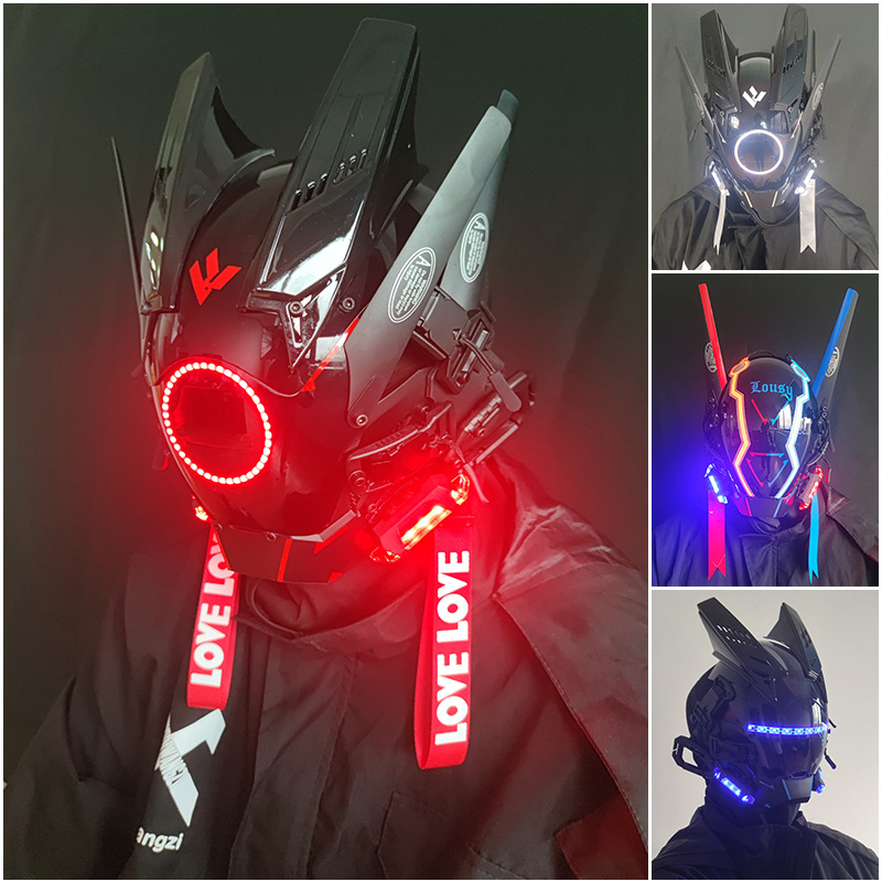 Cyberpunk mask round Light Wing braid triangle light makeup music festival LED Luminous Mask technology helmet