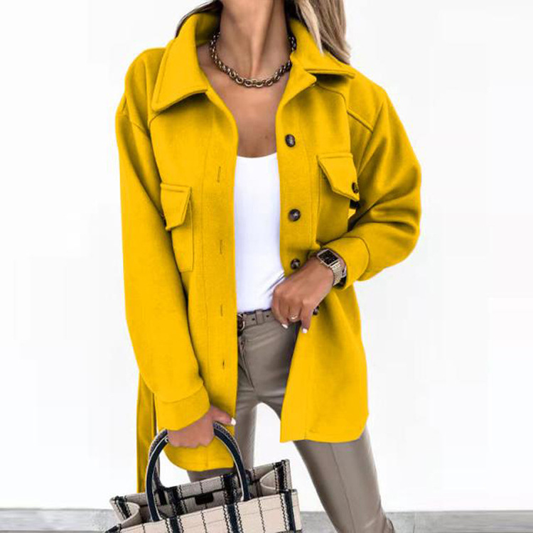 2023 Amazon Fall/Winter Cross-border New Women's Long-sleeved Elegant Solid Color Lapel Button Lace-up Wool Jacket